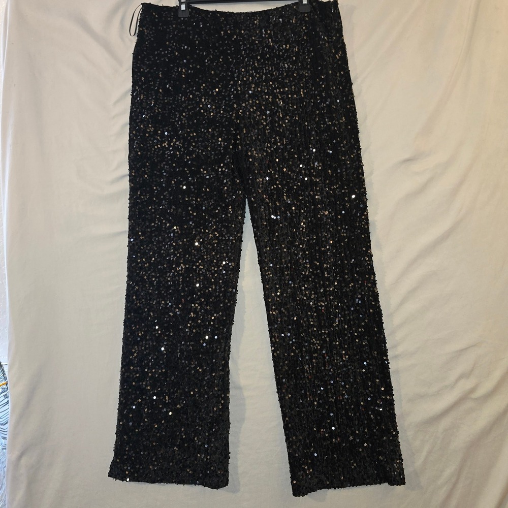 J.McLaughlin Sequin Pants 14 Women Black Wide Leg Holiday Sparkle Evening
